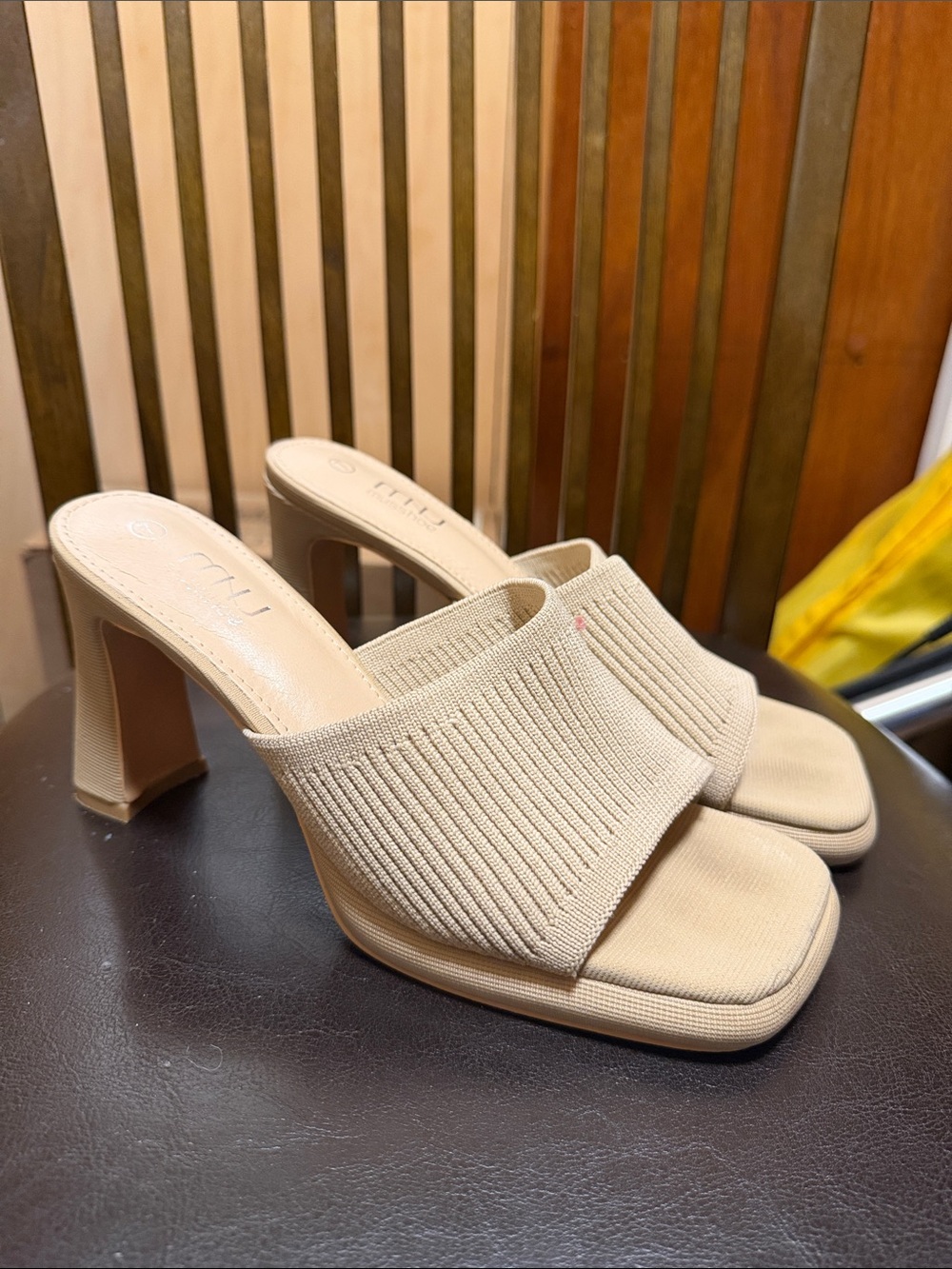 Beige Ribbed Slide Heel Mules - UNK Brand